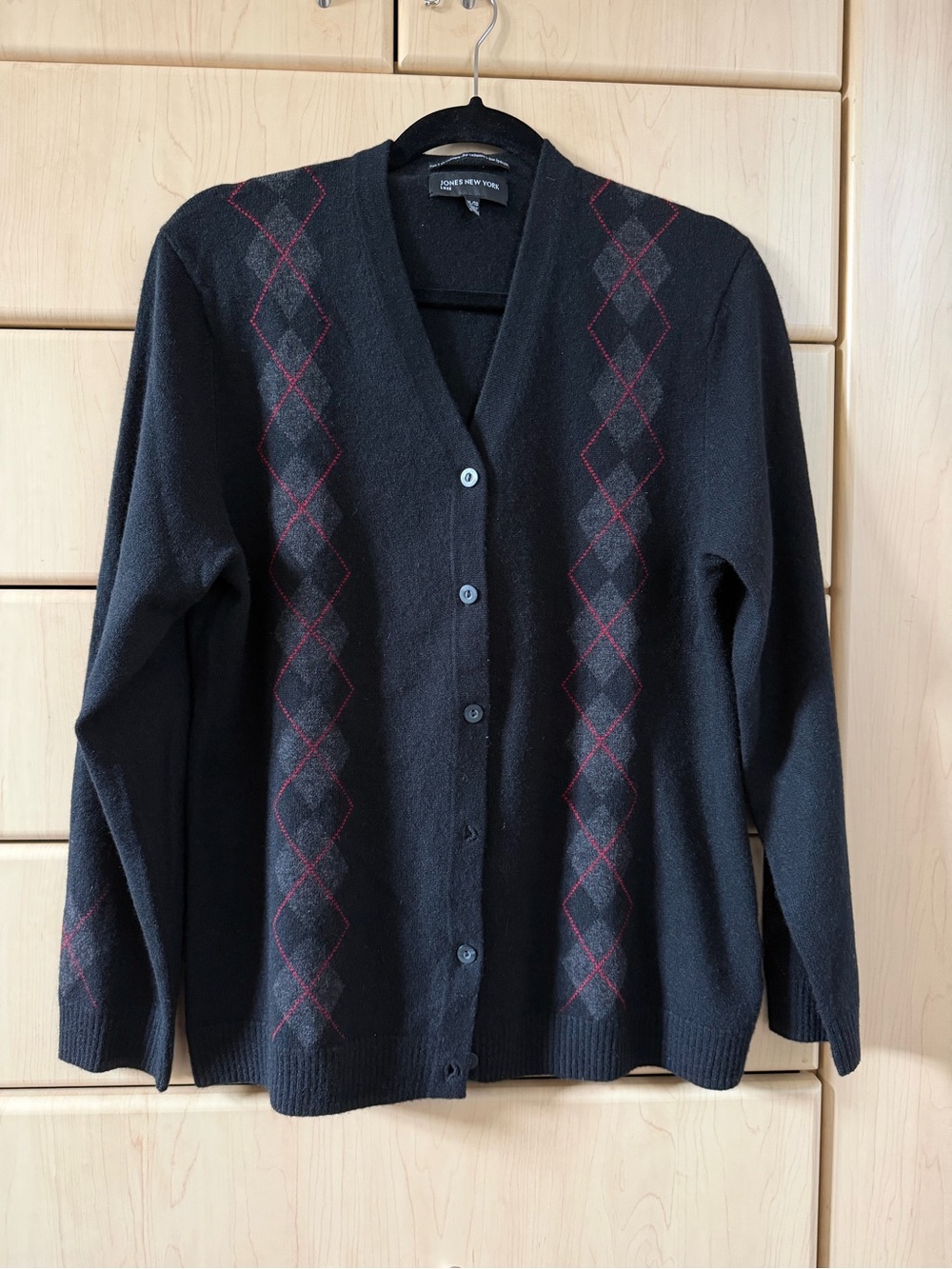 Jones New York 100 % cashmere Black Cardigan with Gray and Red Argyle